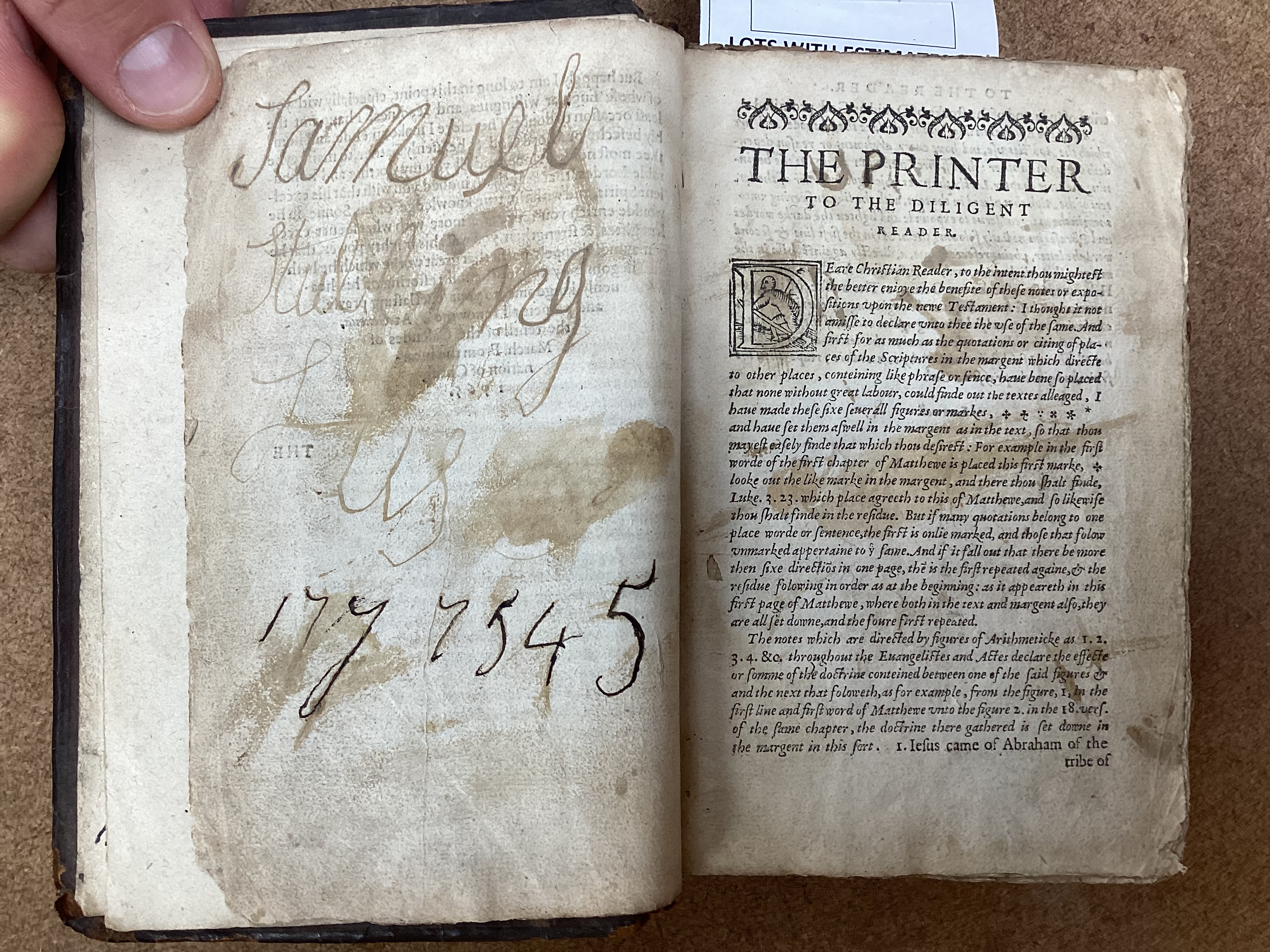 Geneva Bible [English]. - The Holy Bible, 8vo, contemporary calf, covers with lozenge shaped blind stamped device, lacking title, commences at leaf 3, concludes at leaf 445, end papers renewed, London, 1565.